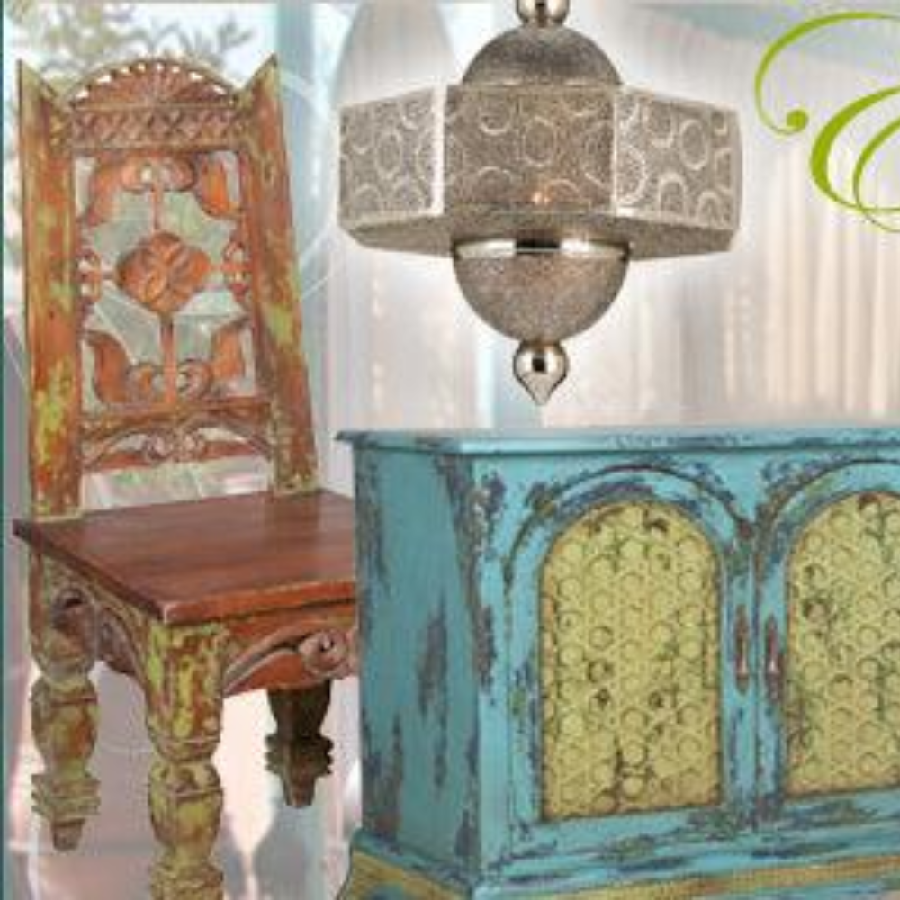 Distressed turquoise cabinet with ornate doors, rustic carved chair, and vintage pendant light for shabby chic decor