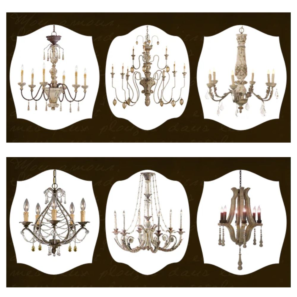 Elegant French country chandeliers with crystal accents and vintage finishes for shabby chic or farmhouse interiors