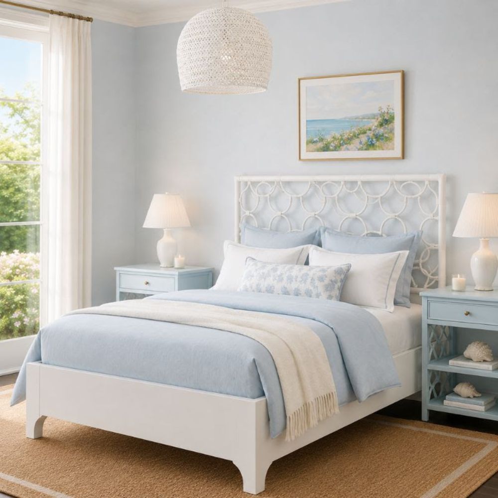 Coastal style white bed with blue bedding, matching nightstands, and woven pendant light in serene bedroom