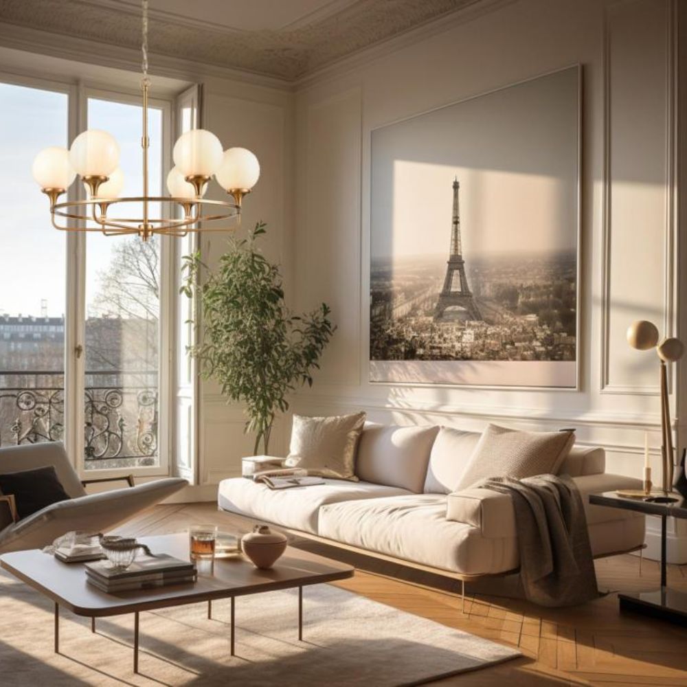French country living room with Eiffel Tower art, cozy sofa, and vintage chandelier