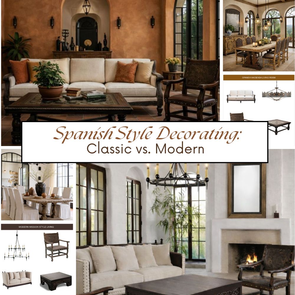 Spanish style living room with rustic furniture, arched windows, and warm tones for classic vs modern decor