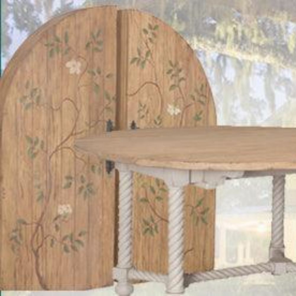 Hand-painted floral wood console table with rope-twist legs, French country style