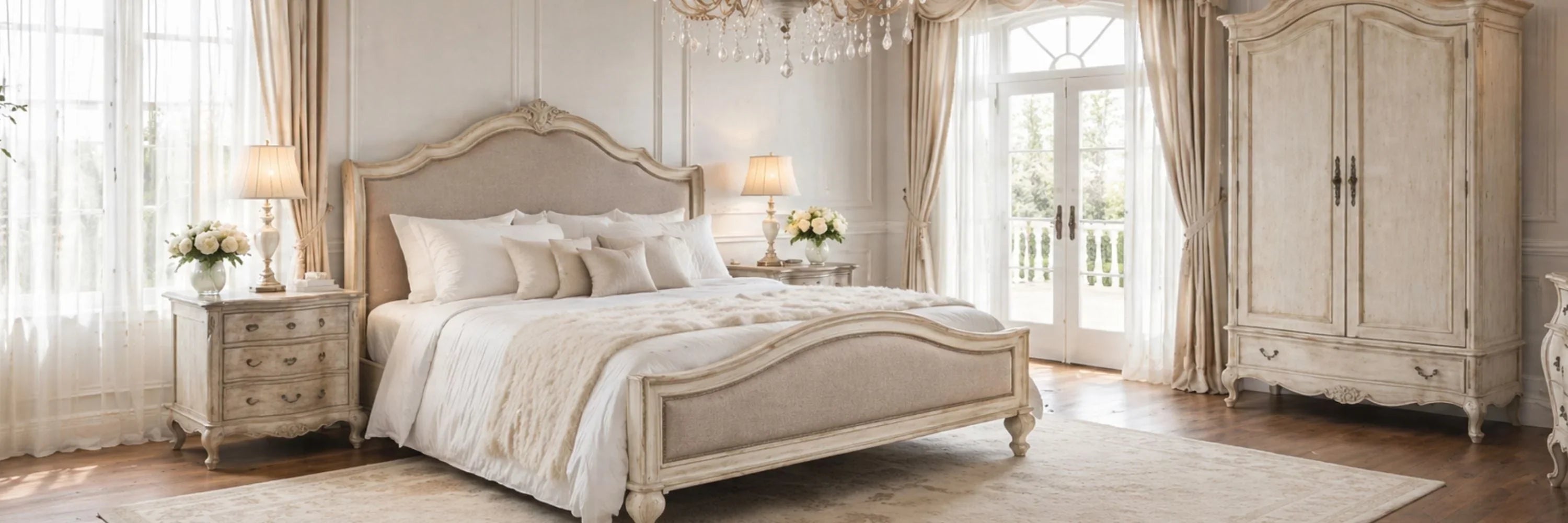 Elegant French country bedroom with distressed white bed, nightstands, armoire, and crystal chandelier
