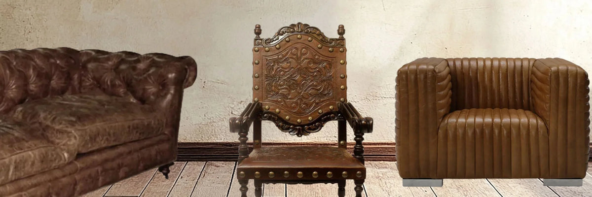 Ornate carved leather armchair with nailhead trim, flanked by tufted and ribbed leather seating in rustic setting