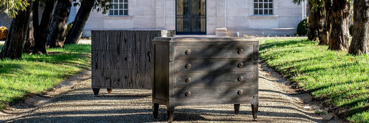 Rustic dark wood dresser with vintage knobs, French country style, outdoor garden setting