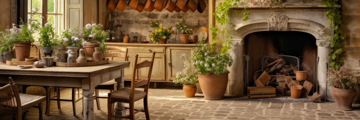 French country kitchen with rustic wooden table, potted plants, and a stone fireplace.