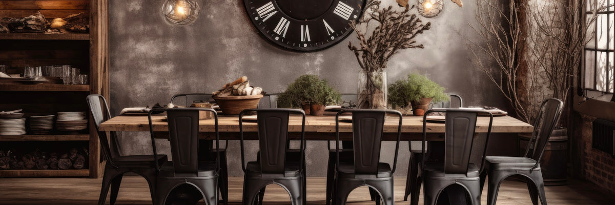 Rustic farmhouse dining room with a long wooden table, black metal chairs, and wall clock.