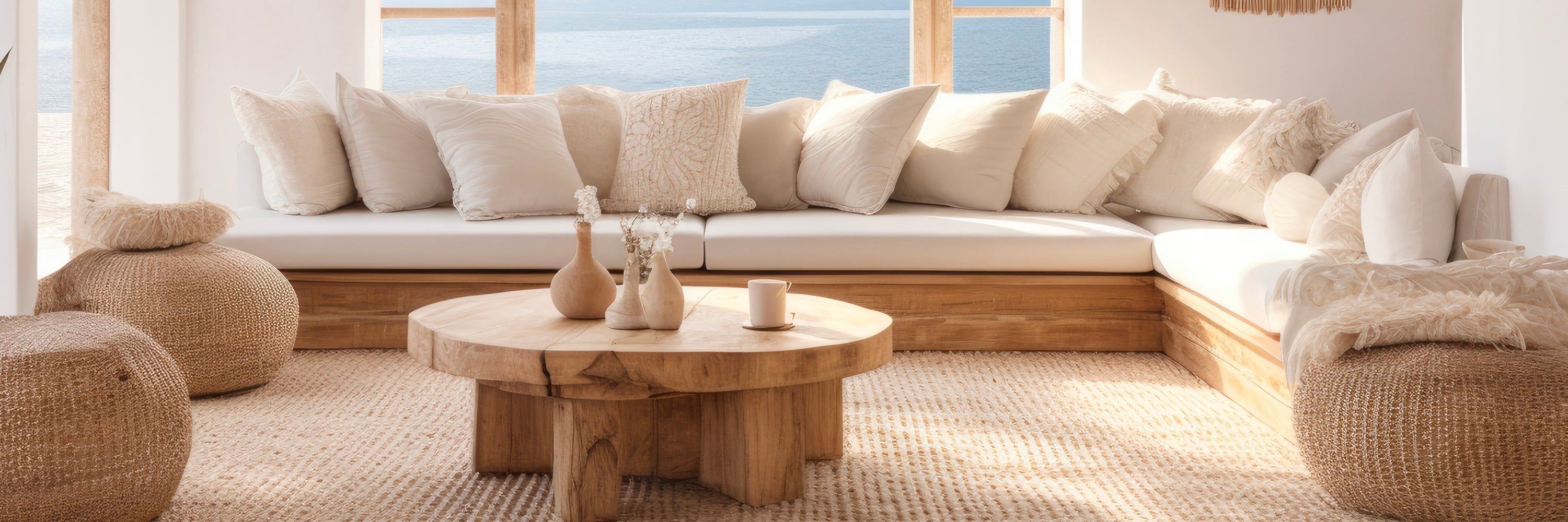 Natural boho living room with a white sectional sofa, wooden coffee table, and jute poufs.