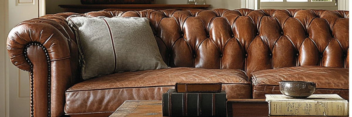 Brown leather Chesterfield sofa with tufted back, rolled arms, and nailhead trim, styled with rustic pillows and books.