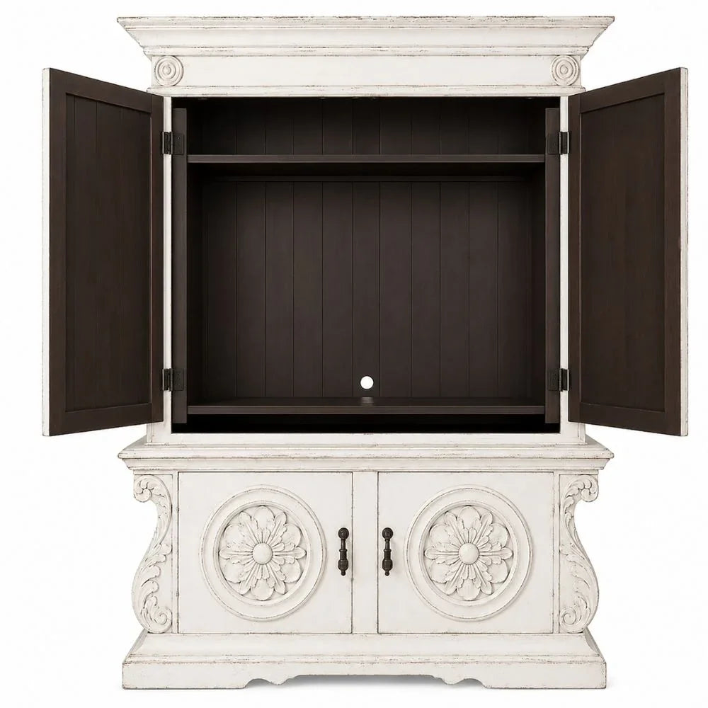 White Ornately Carved Entertainment Armoire