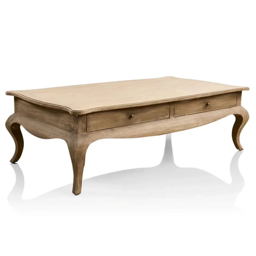 Elegant French country coffee table with curved legs and two drawers, crafted in natural wood finish.