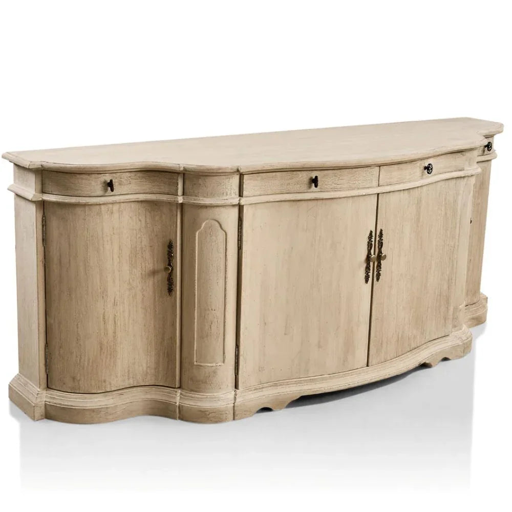 French country sideboard with curved design, distressed finish, and ornate hardware for farmhouse or shabby chic decor