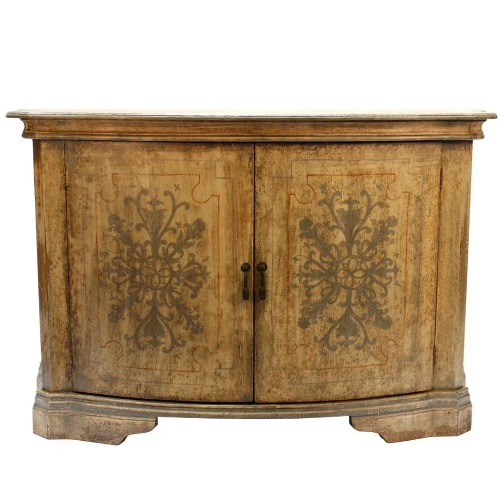 Distressed wood sideboard with hand-painted floral motifs, French country style console cabinet