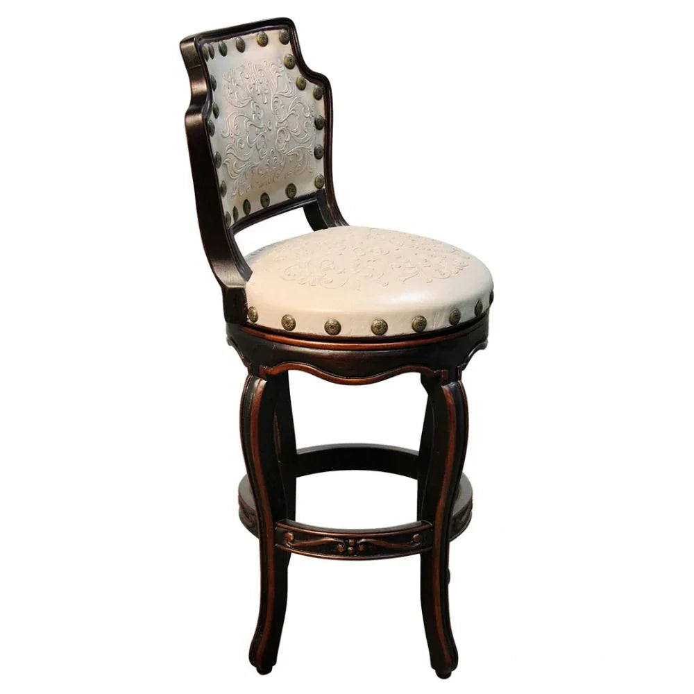 Elegant French country bar stool with cream embossed upholstery, nailhead trim, and dark wood frame