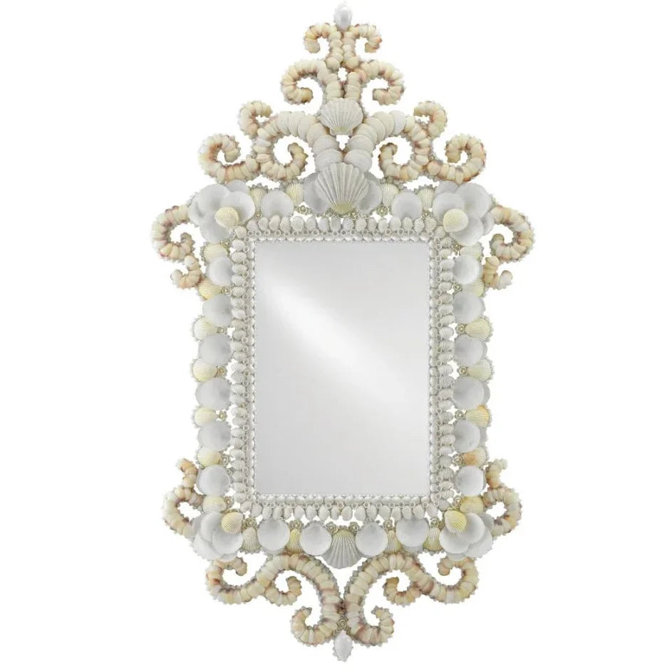 Coastal shell mirror with intricate seashell frame, perfect for beachy or boho home decor.
