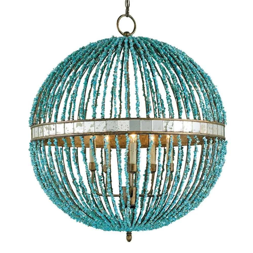 Turquoise beaded sphere chandelier with mirrored band, coastal boho lighting fixture
