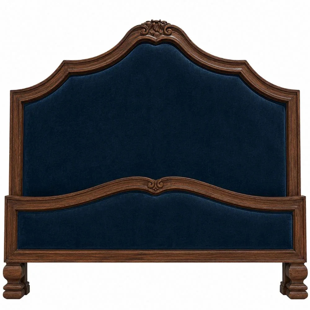 Elegant French country headboard with navy velvet upholstery and carved wood frame