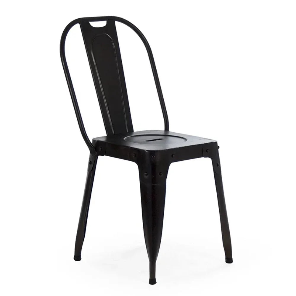 Black metal industrial dining chair with riveted design, perfect for farmhouse or modern rustic decor