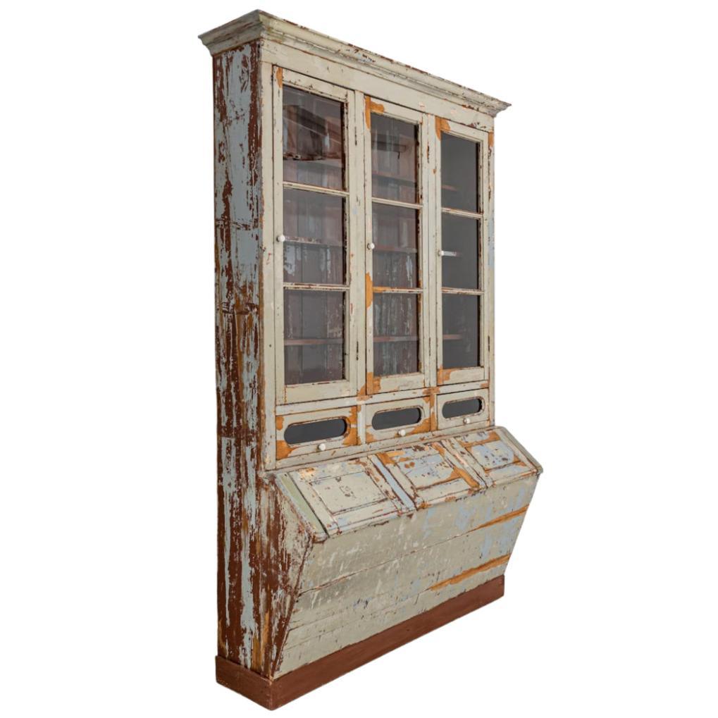 Antique Sage and Blue Farmhouse Vitrine Cabinet, Circa 1850