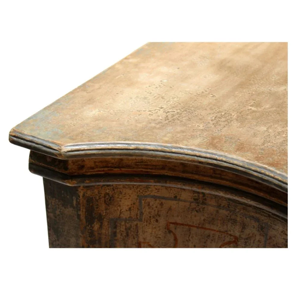 Distressed wood console table with curved edge, vintage French country style furniture detail
