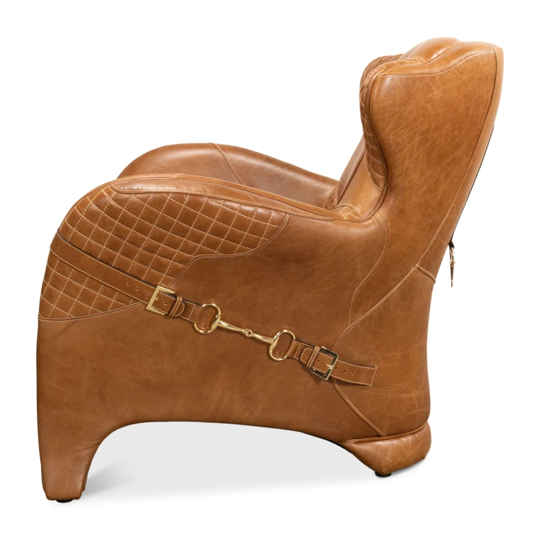Brown leather chair with quilted pattern and gold harness detail on a white background