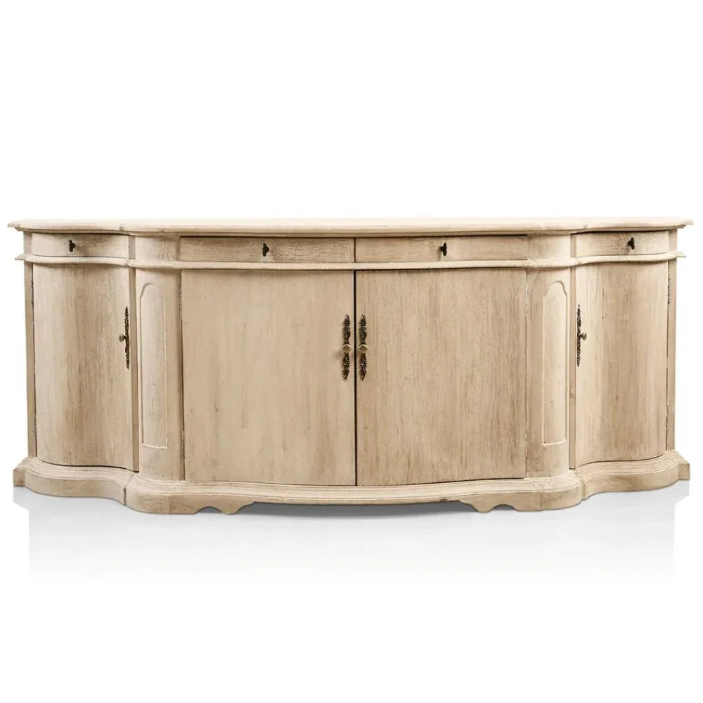 French country sideboard with distressed finish, curved design, and vintage hardware for farmhouse or shabby chic decor
