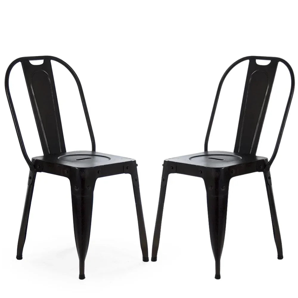Black metal dining chairs with industrial design, perfect for modern farmhouse or shabby chic decor