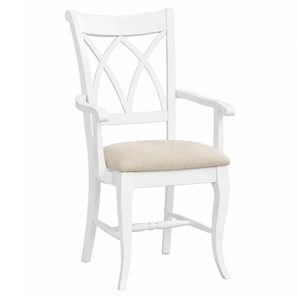White French country dining chair with x-back design and beige upholstered seat.