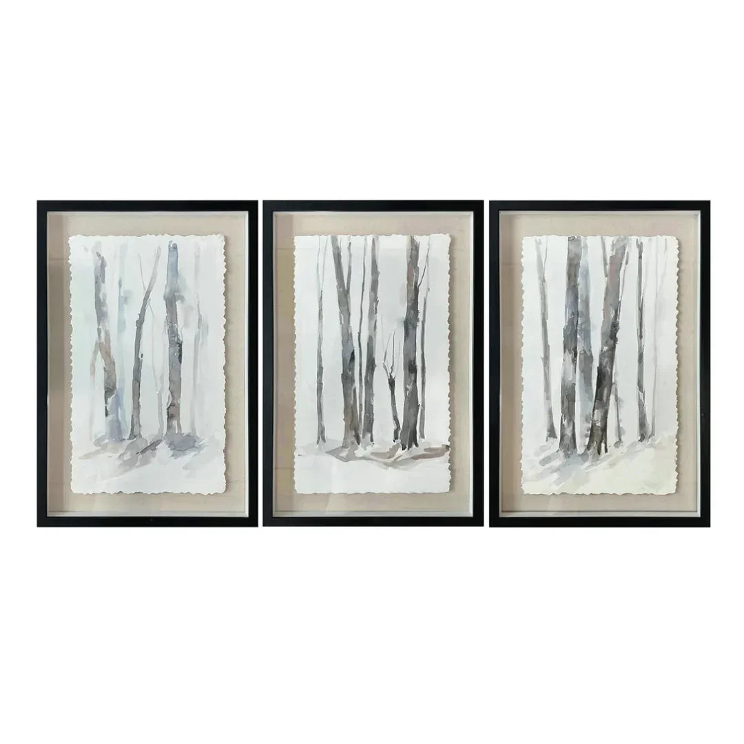 Set of three framed watercolor forest prints in grey and white, minimalist natural style.