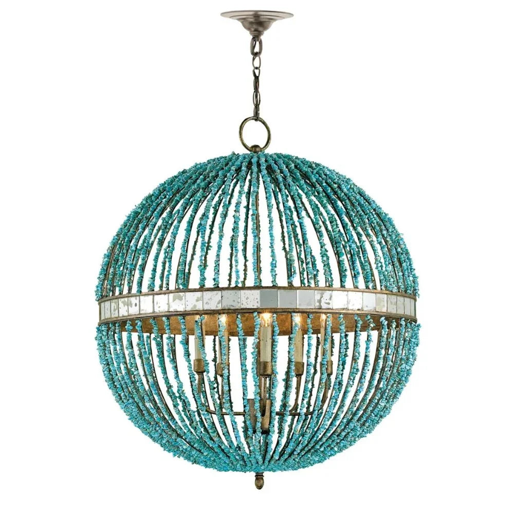 Turquoise beaded sphere chandelier with mirrored band, coastal boho lighting fixture