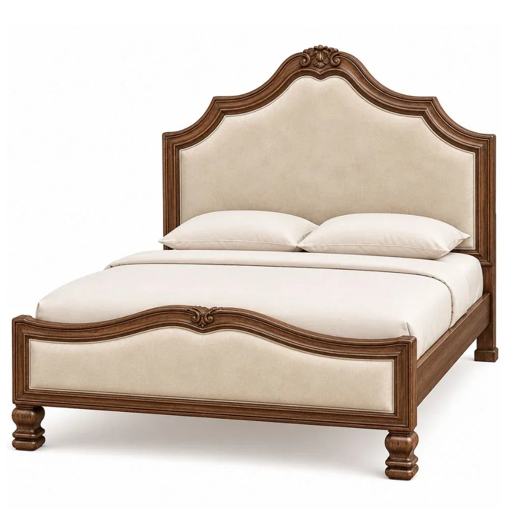 French country style upholstered bed with carved wood frame and beige fabric