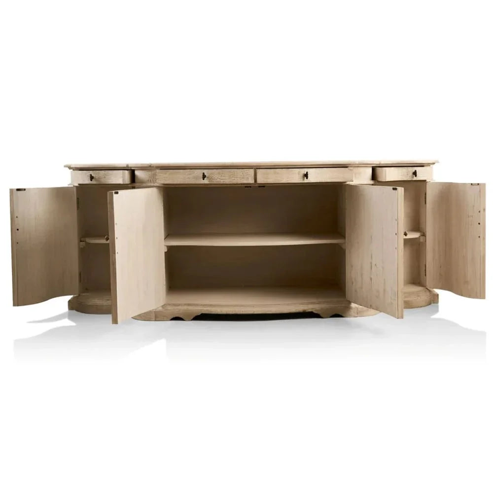 French country media console with open doors, light wood finish, shabby chic style storage cabinet