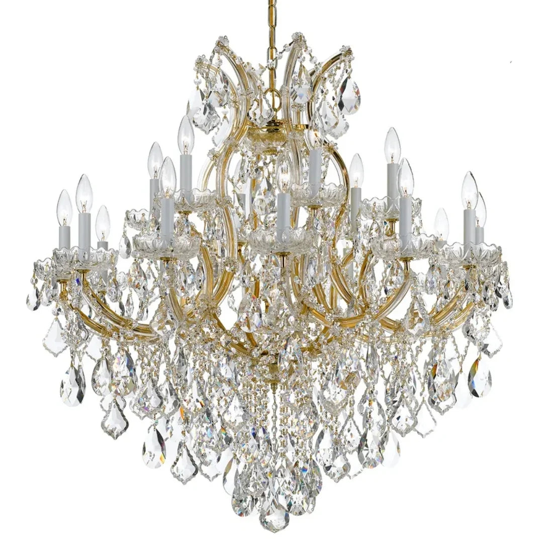Elegant gold chandelier with crystal droplets, perfect for French country or shabby chic interiors