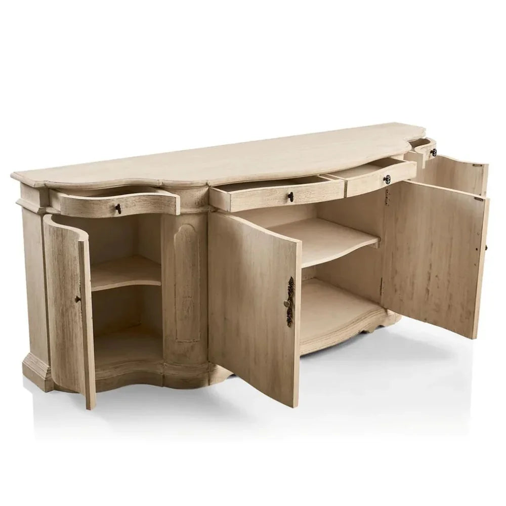 Elegant French country sideboard with open doors and drawers, showcasing rustic wood finish and vintage hardware.