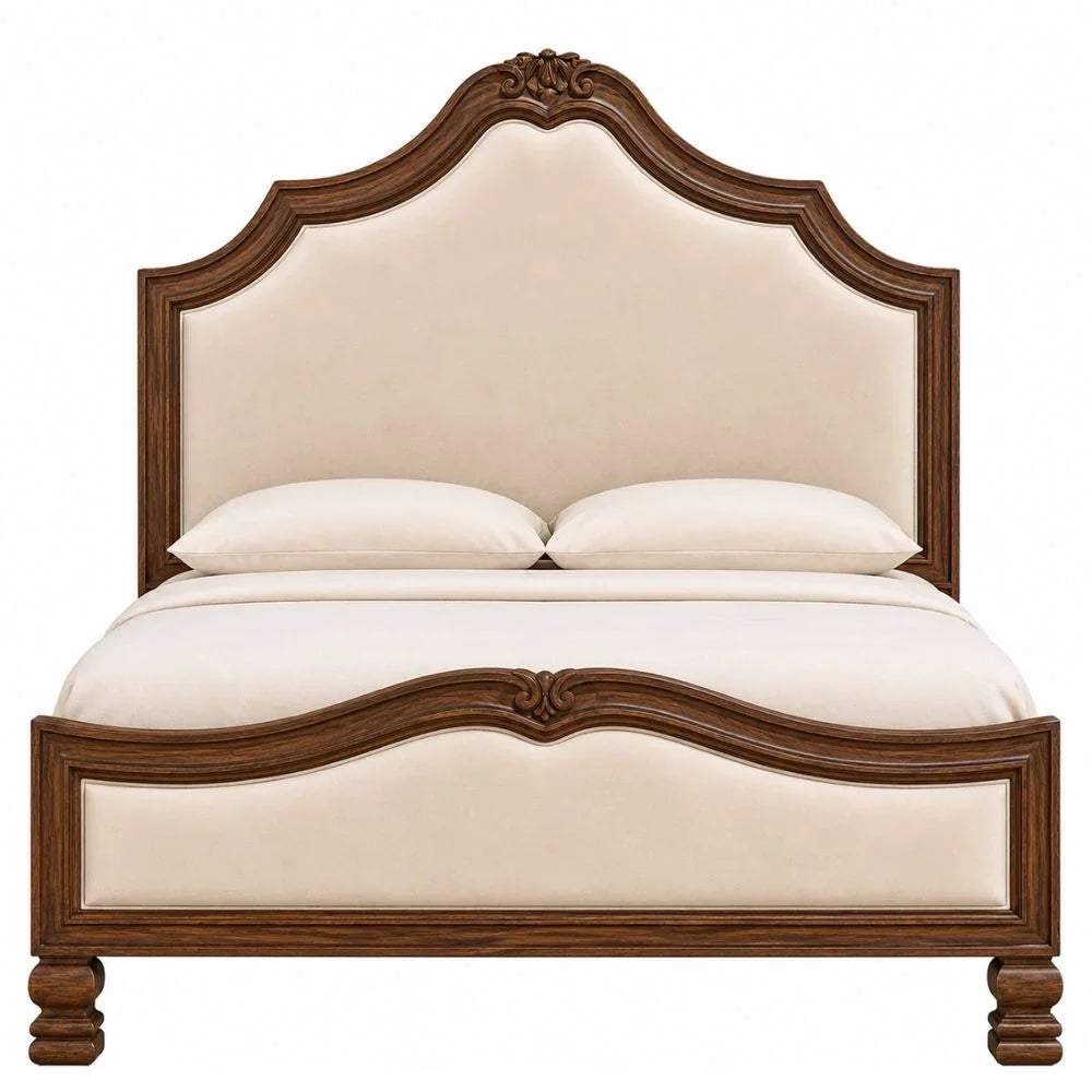French country bed with carved wood frame and cream upholstery, shabby chic style