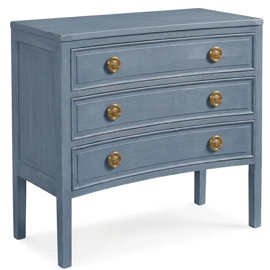 Blue farmhouse-style chest with gold knobs, ideal for shabby chic or coastal decor