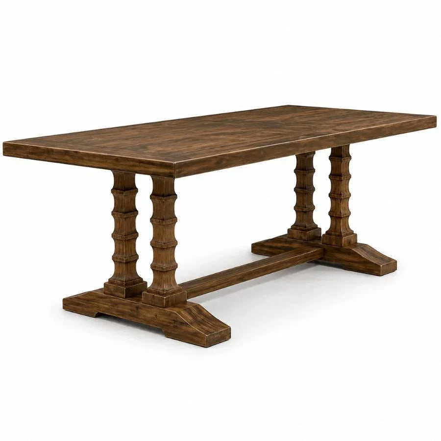 Rustic farmhouse dining table with chunky turned legs and distressed wood finish