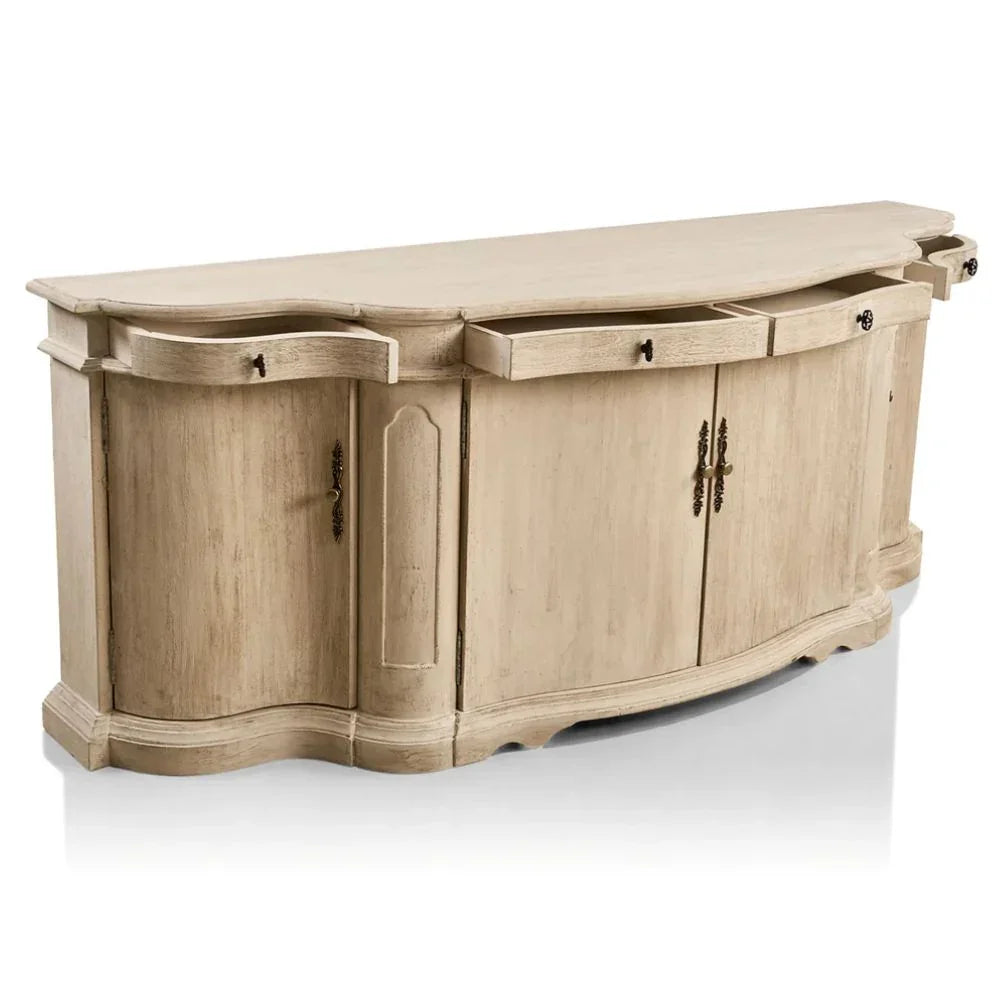 French country style sideboard with curved design, distressed finish, and ornate hardware