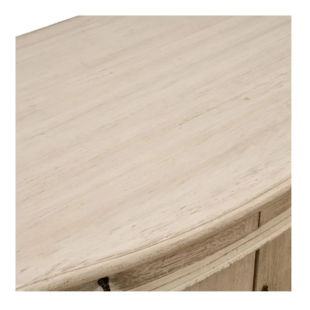 Distressed cream wood cabinet top with rustic shabby chic finish and dark metal hardware