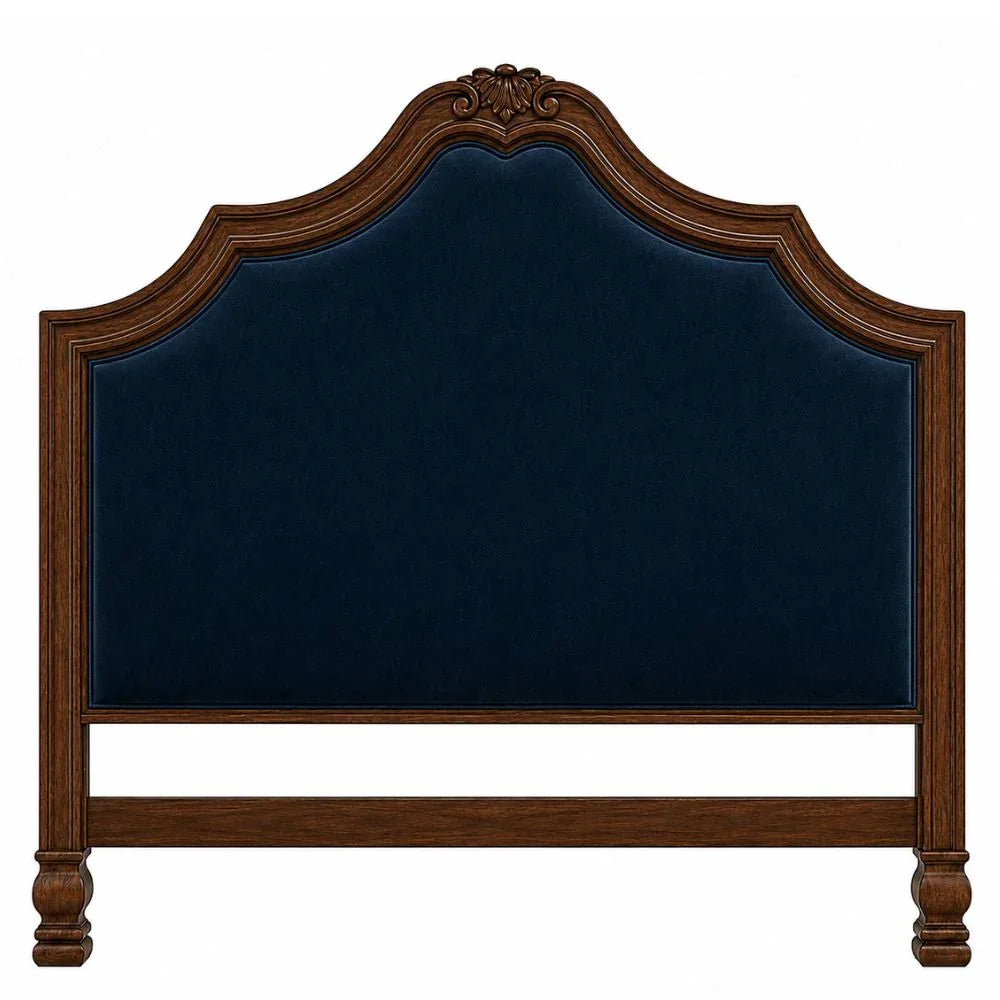 Elegant French country headboard with navy velvet upholstery and carved wood frame