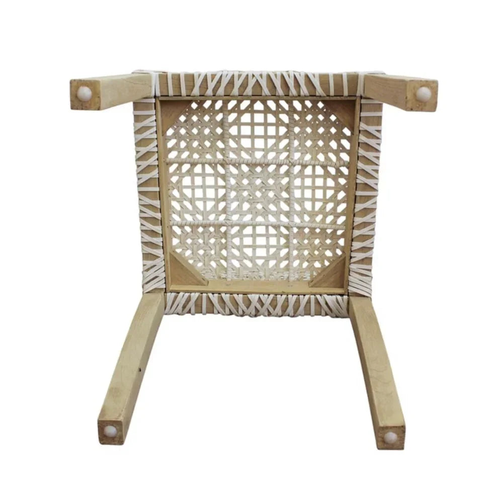 Natural boho woven chair with wooden frame and white rope detailing