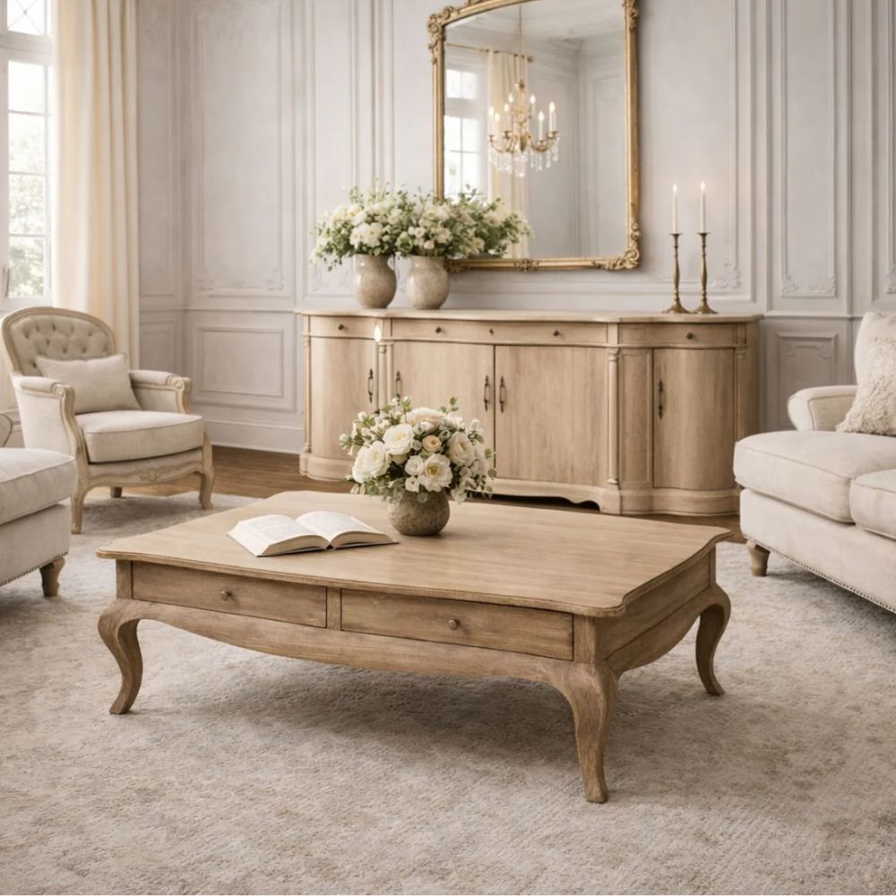 Natural Wood French Coffee Table with Drawers