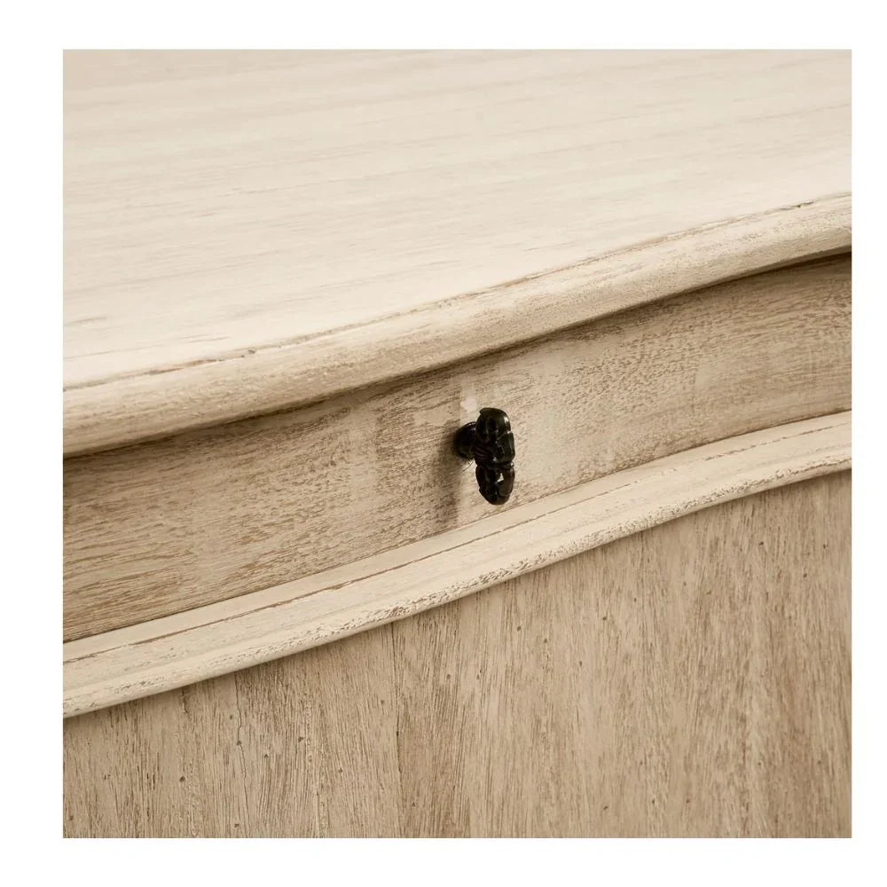 Distressed wood dresser with black metal knob, French country farmhouse style furniture detail