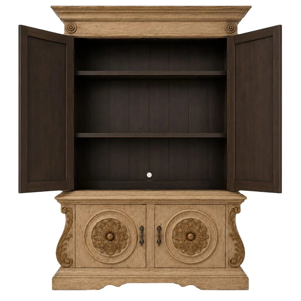 French country hutch with carved floral details, open doors, and rustic wood finish
