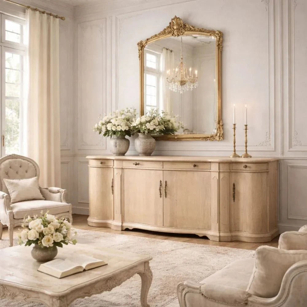 Elegant French country sideboard with ornate gold mirror, floral arrangements, and vintage armchairs in soft neutral tones