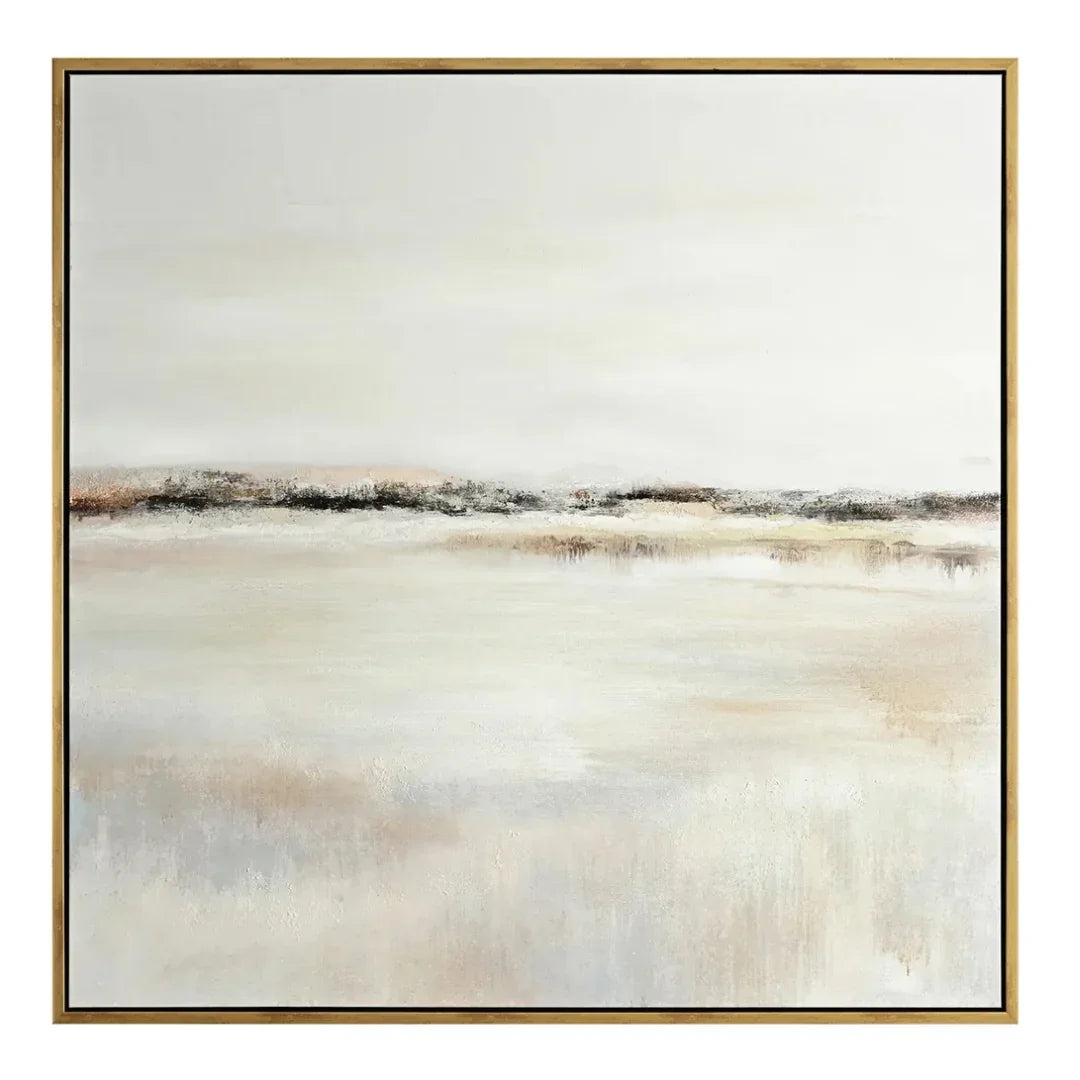 Neutral abstract landscape wall art in gold frame, coastal boho farmhouse decor