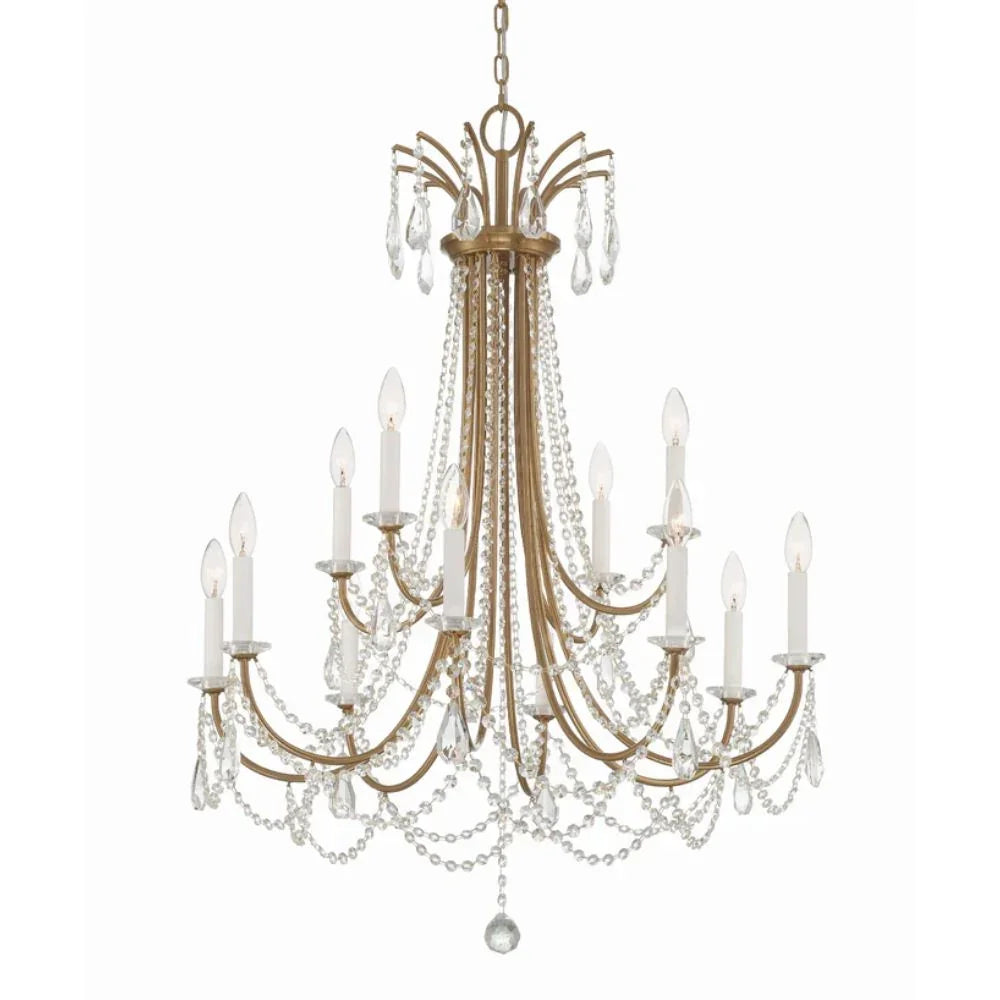 Elegant gold chandelier with crystal droplets and candle-style bulbs, perfect for French country or shabby chic interiors.