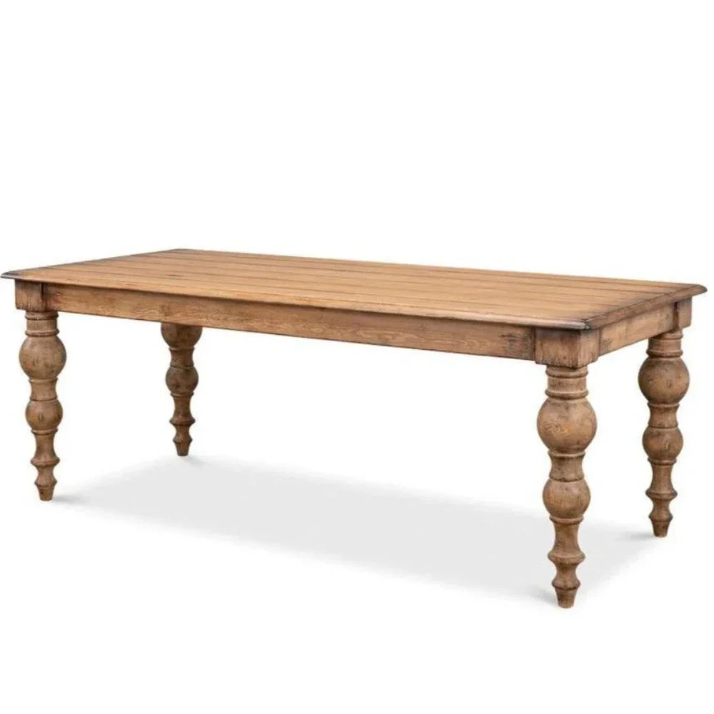 Rustic farmhouse dining table with turned legs, natural wood finish, French country style