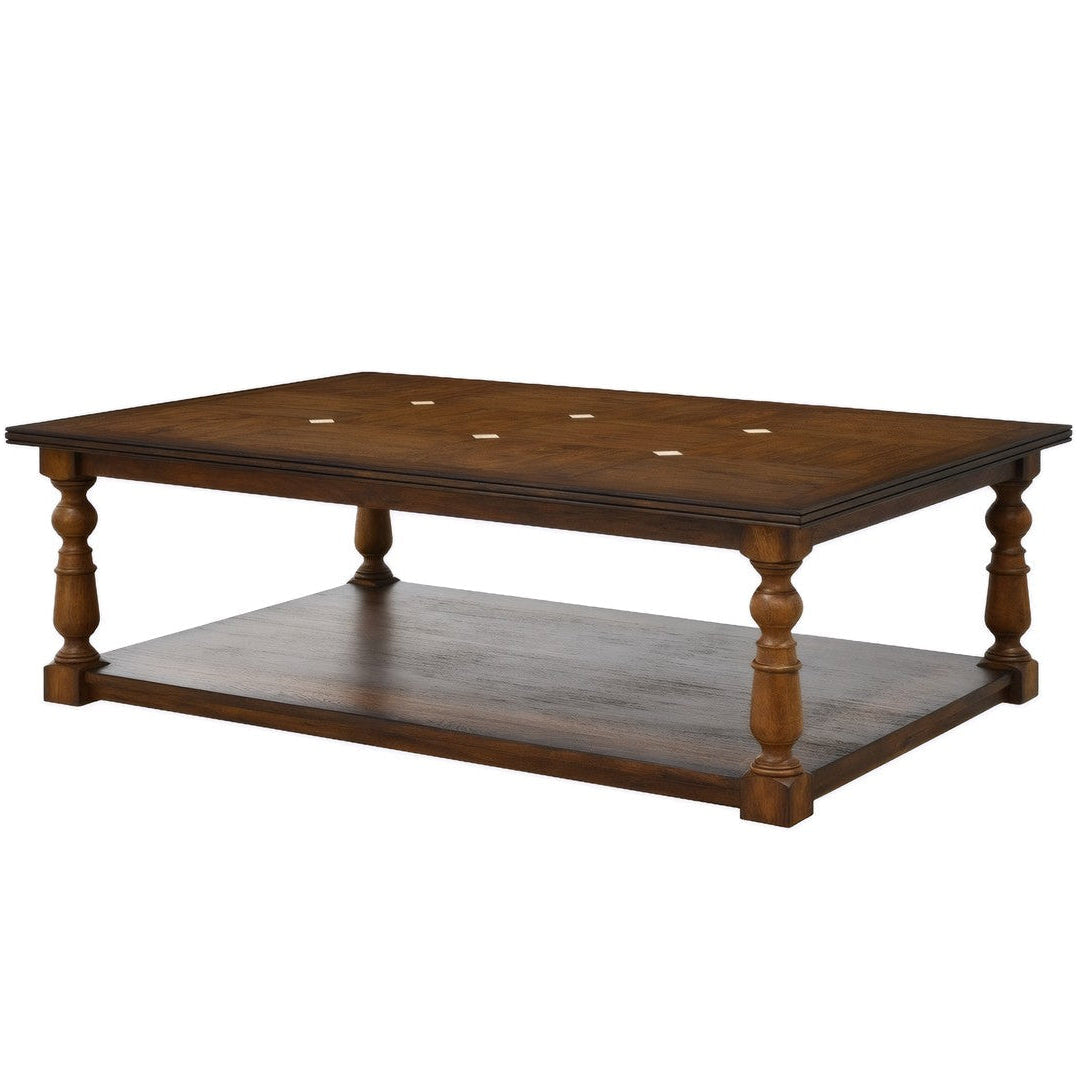 A dark brown wooden coffee table with a rectangular top, turned spindle-style legs, and a lower shelf, shown on a plain white background.