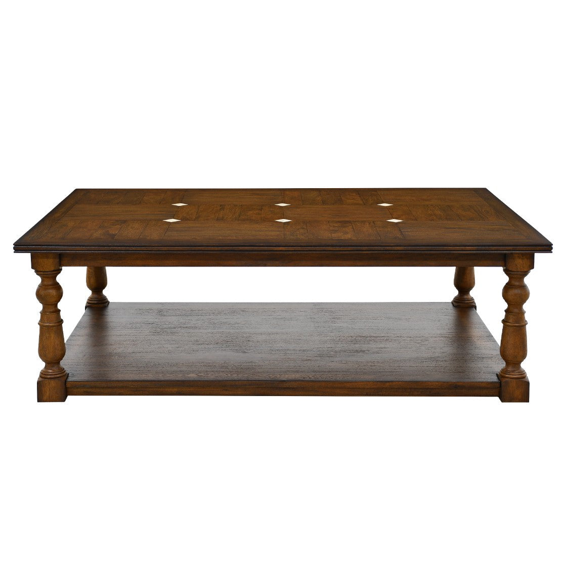 Aldwyn mango wood coffee table with cream stone geometric inlay, rectangular top, and turned legs for classic European style.